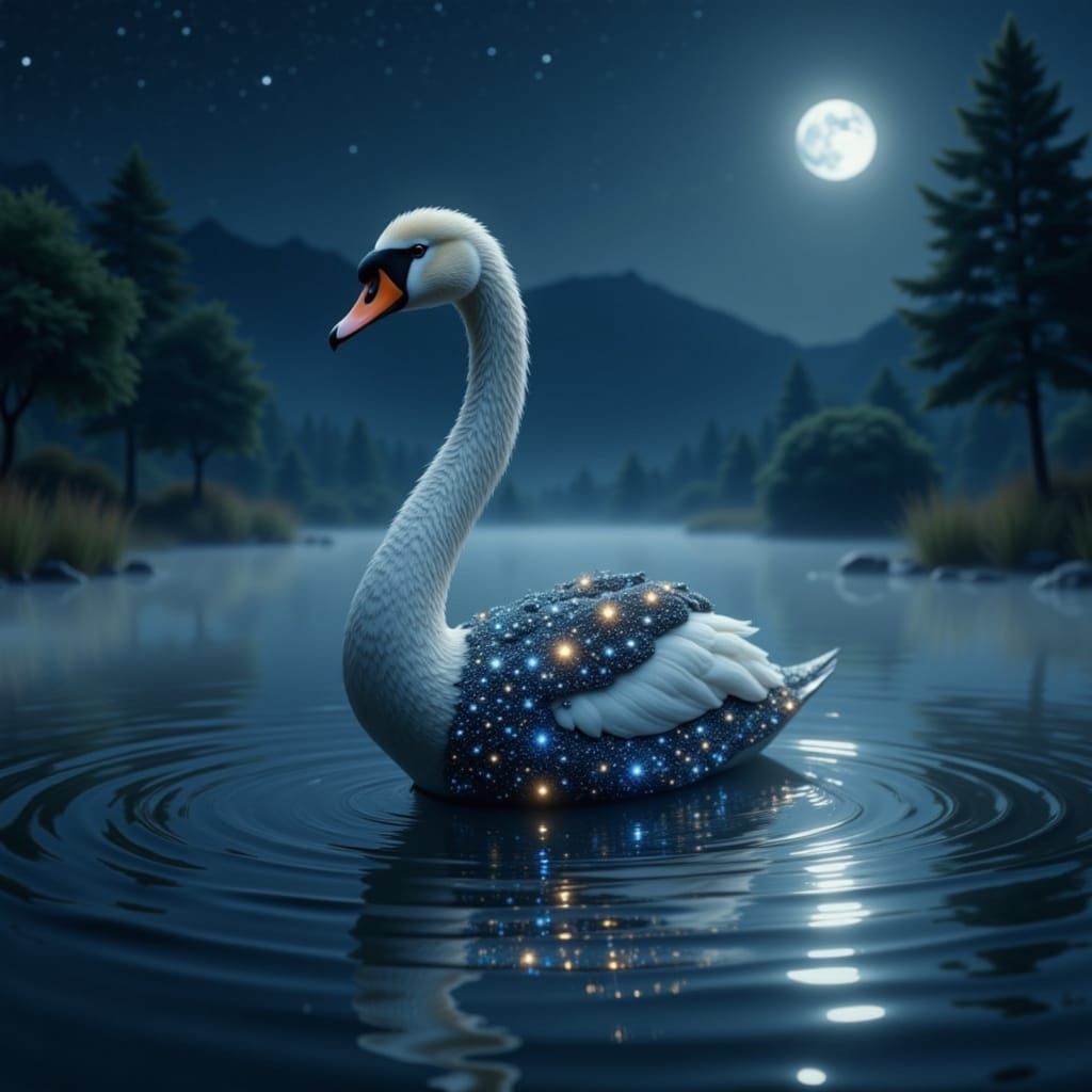 Star Swan Swimming on Reflective Moonlit Lake