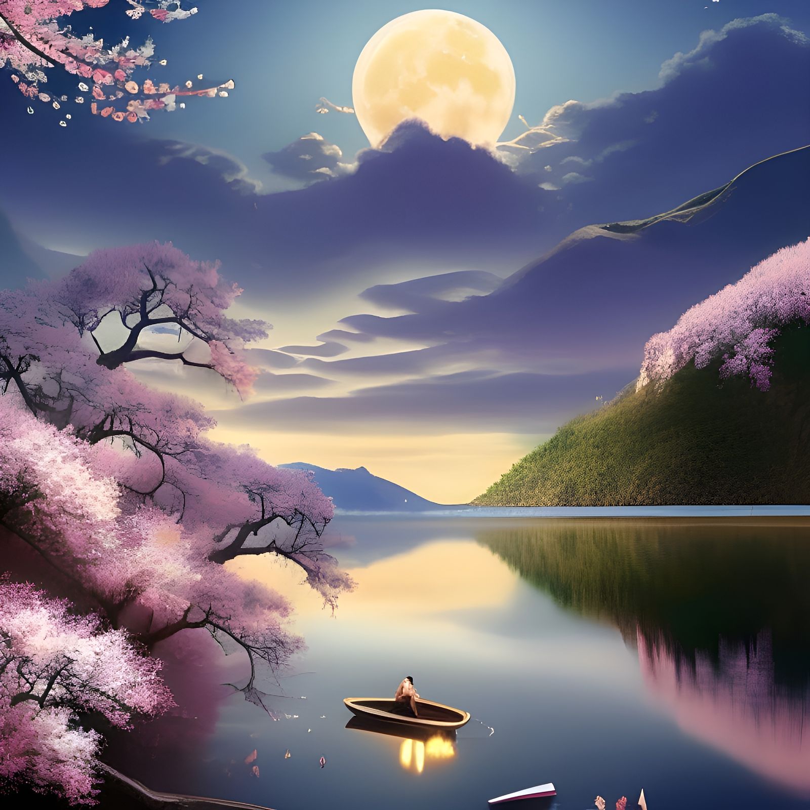Enchanting Moonlit Lake with Blossoms in Fantasy Art