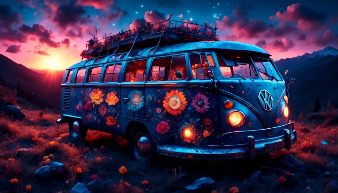 Psychedelic Microbus Heading to Woodstock Festival
