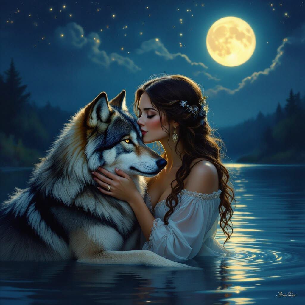 Woman's Loving Bond With Majestic Wolf by Serene Lake