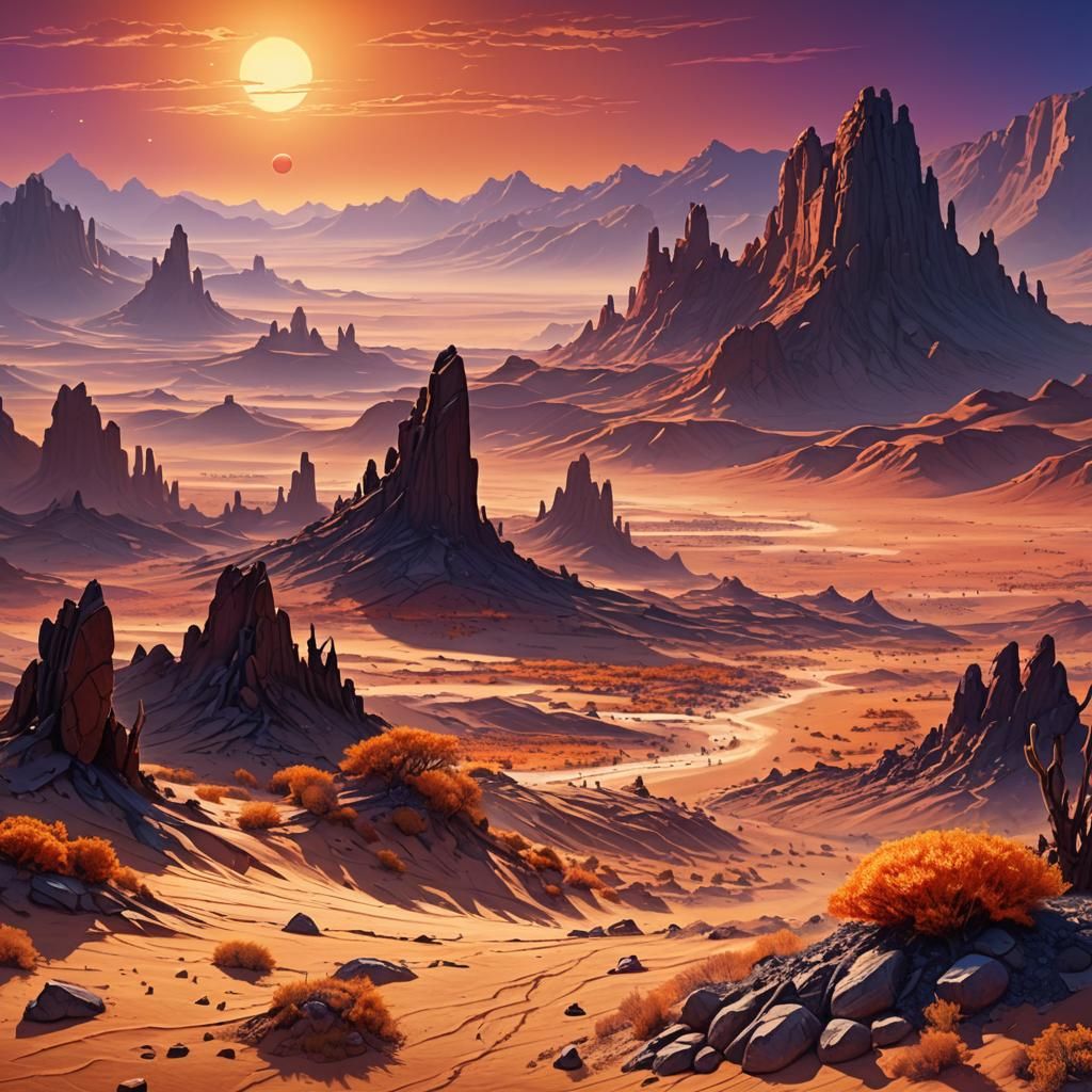 Barren Desert Landscape with Scorching Sun, Matte Painting