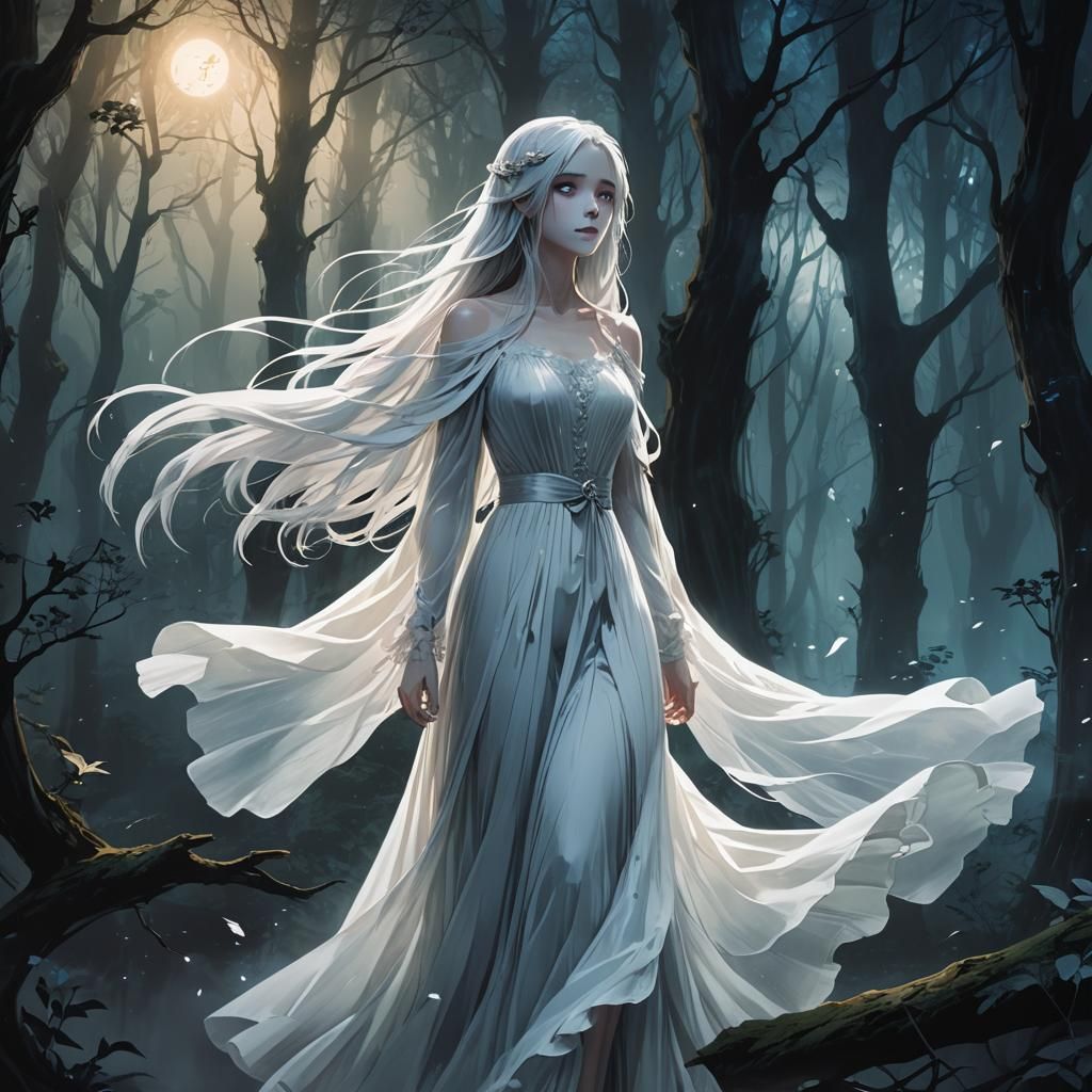 Anime Girl Ghost in Eerie Forest Concept Art