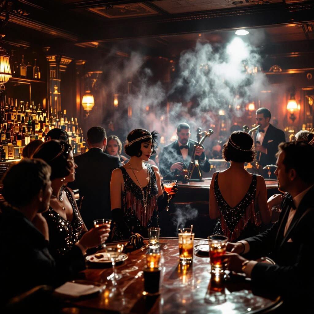 Art Deco Speakeasy with Jazz Band in Smoky Room