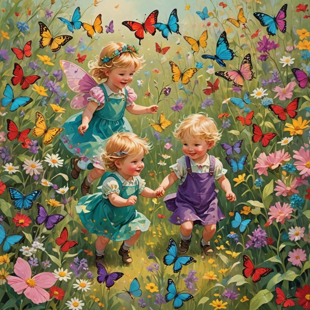 Boy and Fairy Play With Kittens: Fantasy Art