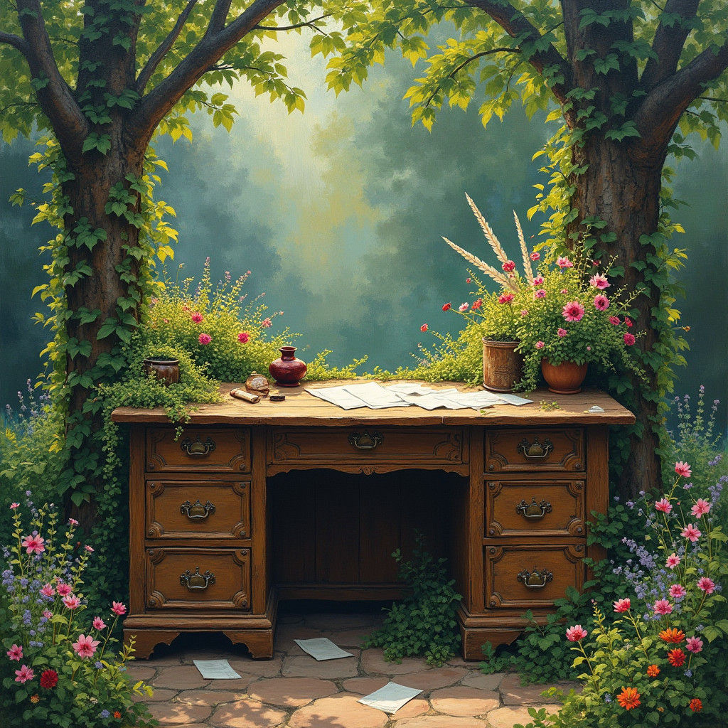 Rustic Desk in Garden, Impressionist Gouache Painting