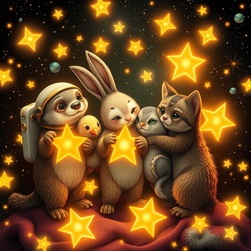 Whimsical Friends Under Radiant Stars