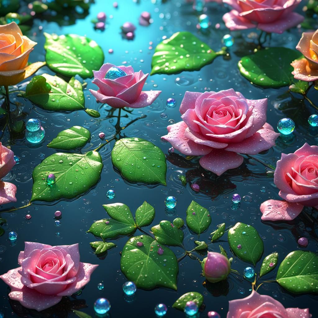 florescent light behind iridescence dew drops on reflective crystal layer over rose and leafs with water look that has...
