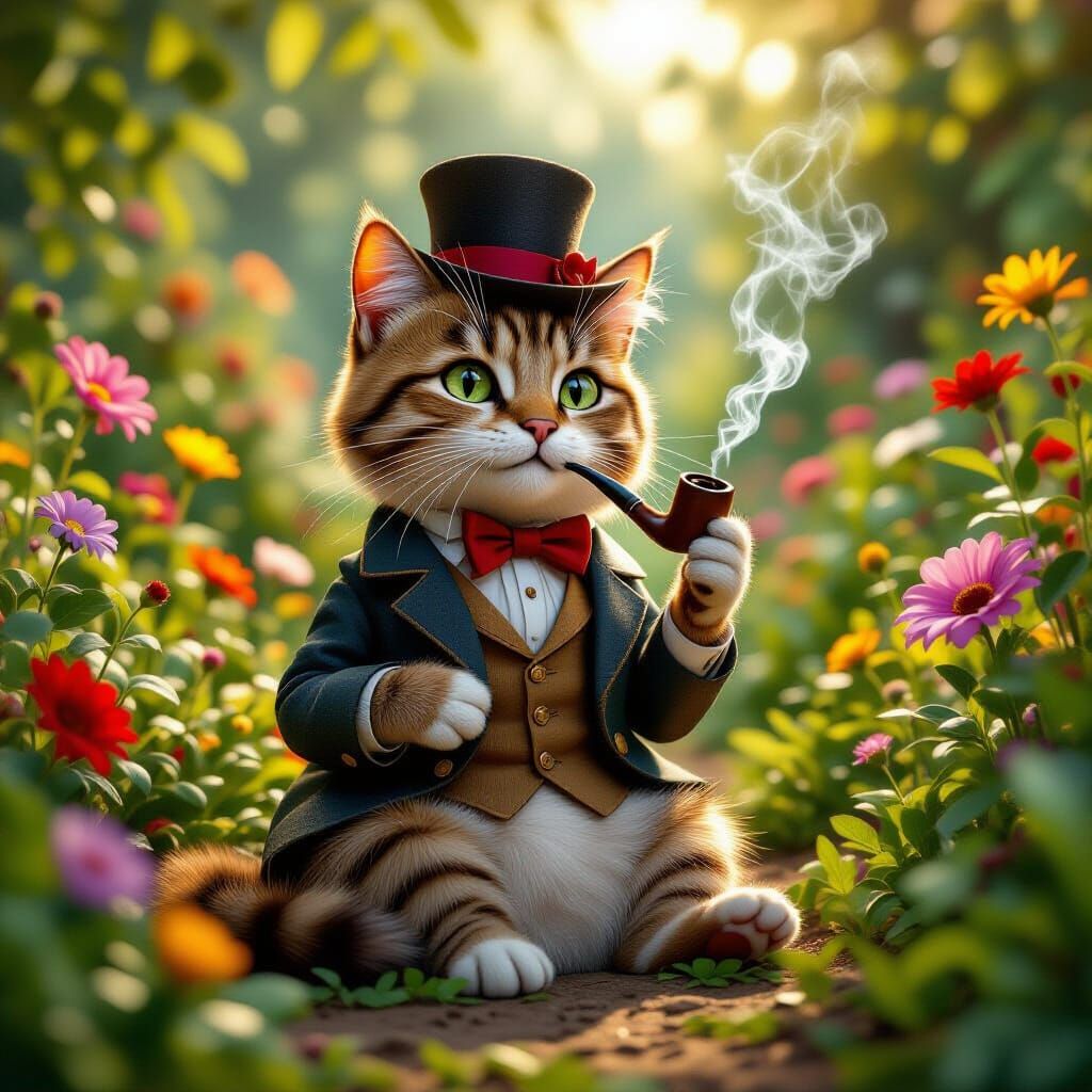 Dapper Cat in Garden, Vintage Illustration Style