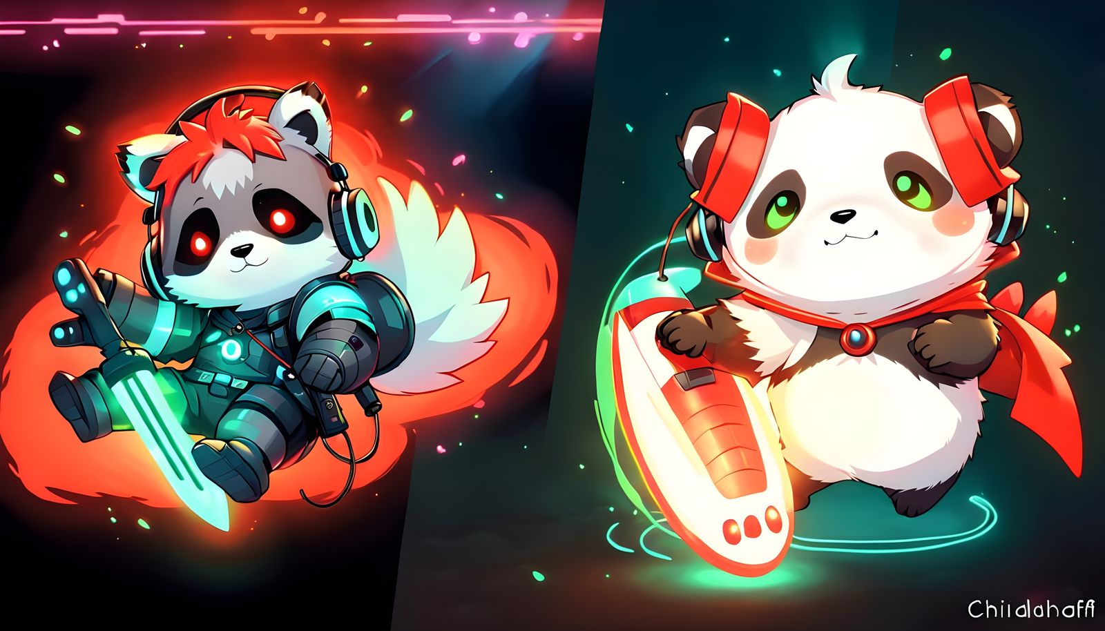 Chibi Raccoon and Panda Knights in Lofi Style