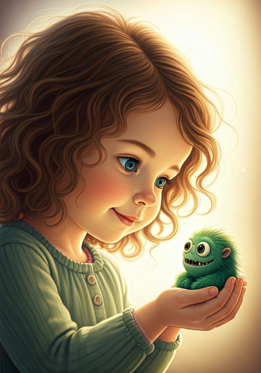 Girl and Green Monster: Whimsical Illustration