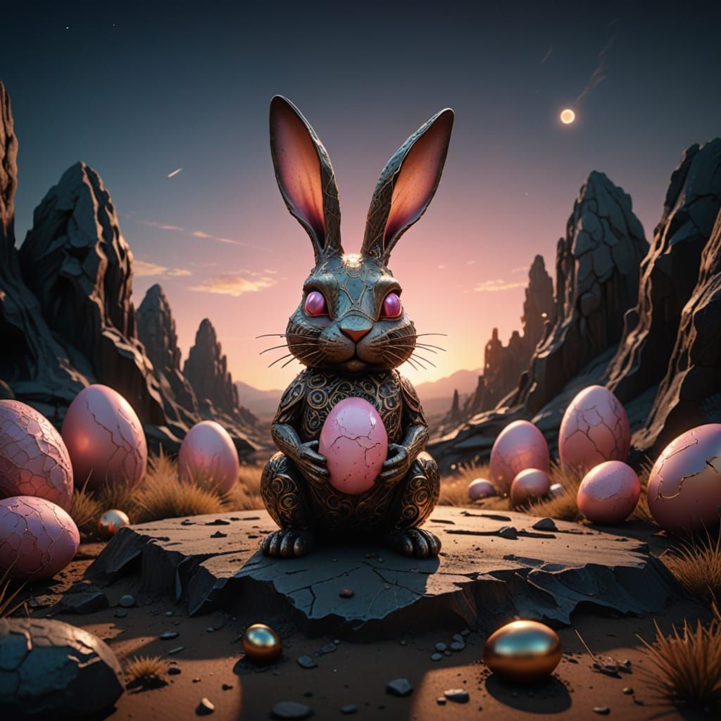 Glowing Easter Bunny Sculpture in Vibrant, High-Contrast Col...