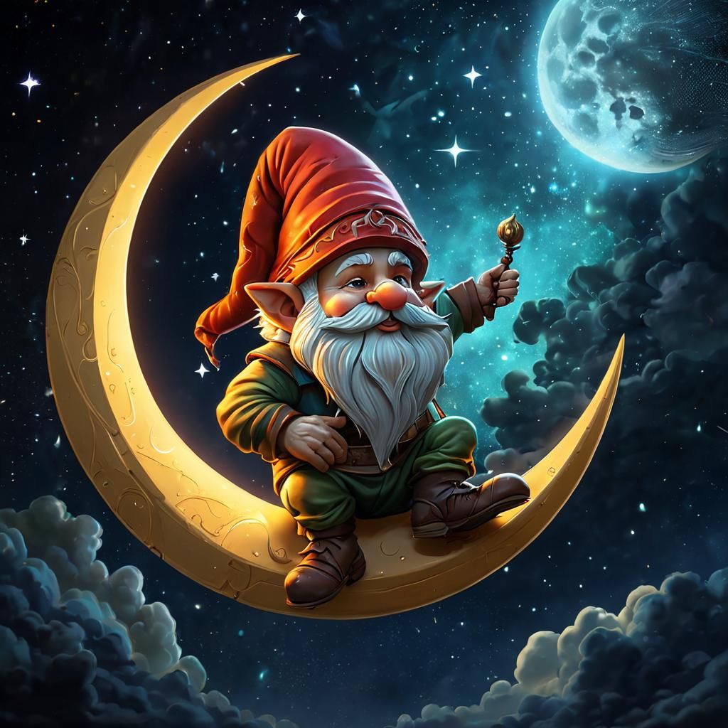 A fairytale gnome sitting on a crescent moon
