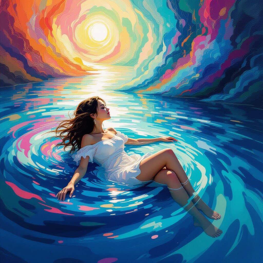 Dreamlike Woman Floating Downstream in Surreal Art