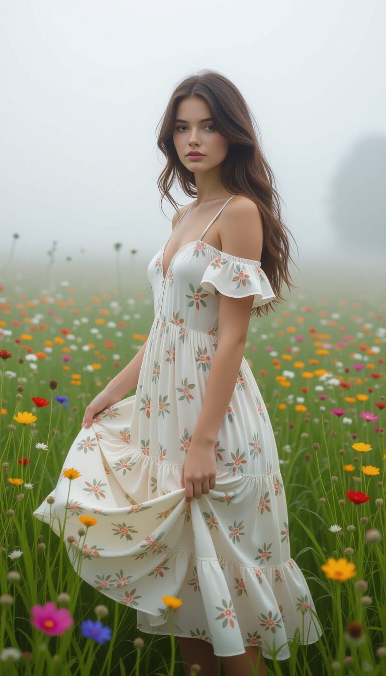 Girl in Foggy Field with Wildflowers, High Resolution