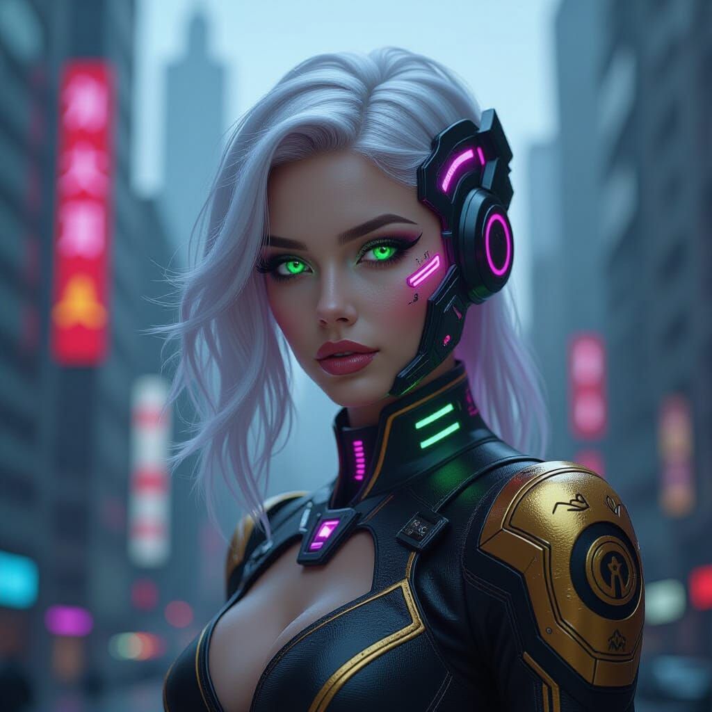 Cyberpunk Woman with Emerald Eyes and Cybernetic Implants