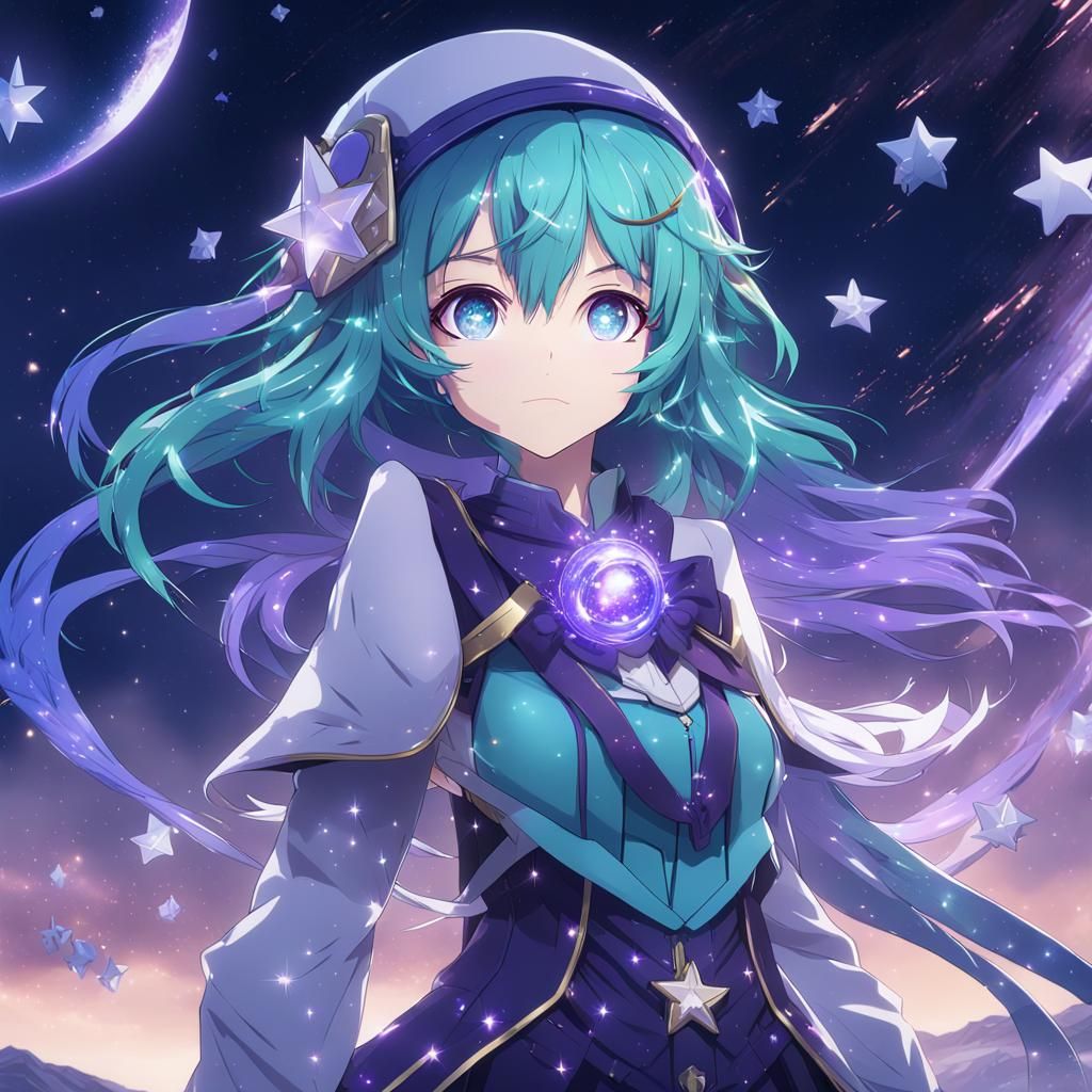 Anime Starry Girl in Dreamy Comet Landscape
