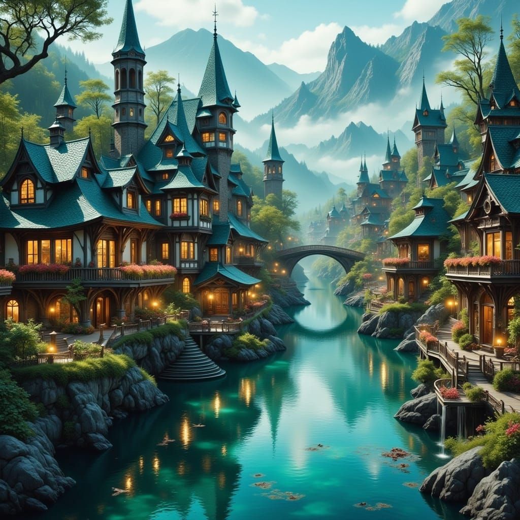 Enchanted Steampunk Village by a Teal River