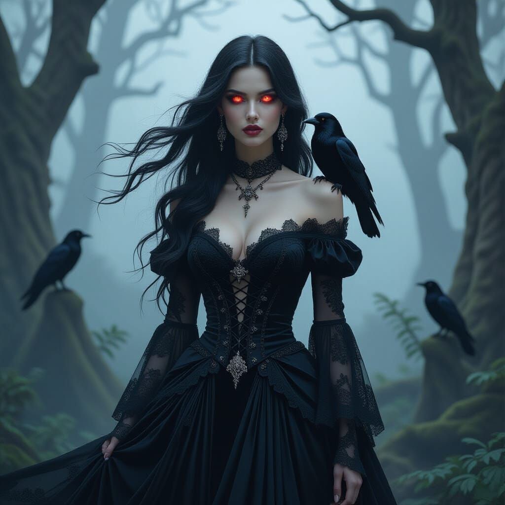 Gothic Woman in Foggy Forest, Dramatic Lighting