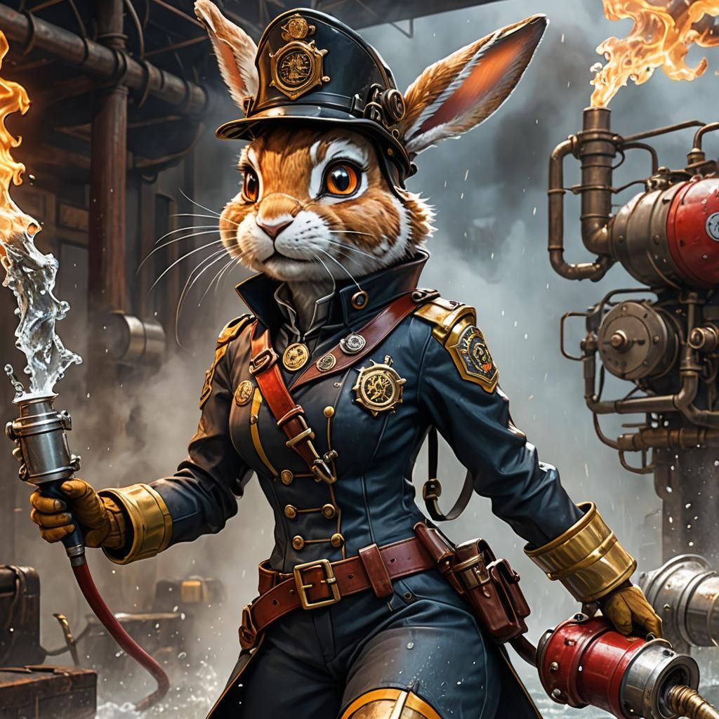 steampunk firefighter of an  female rabbit