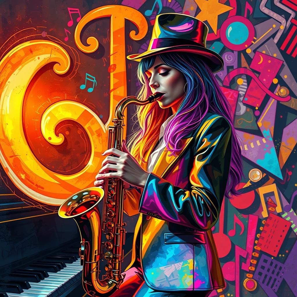 Rainbow Haired Saxophonist in Matisse Style