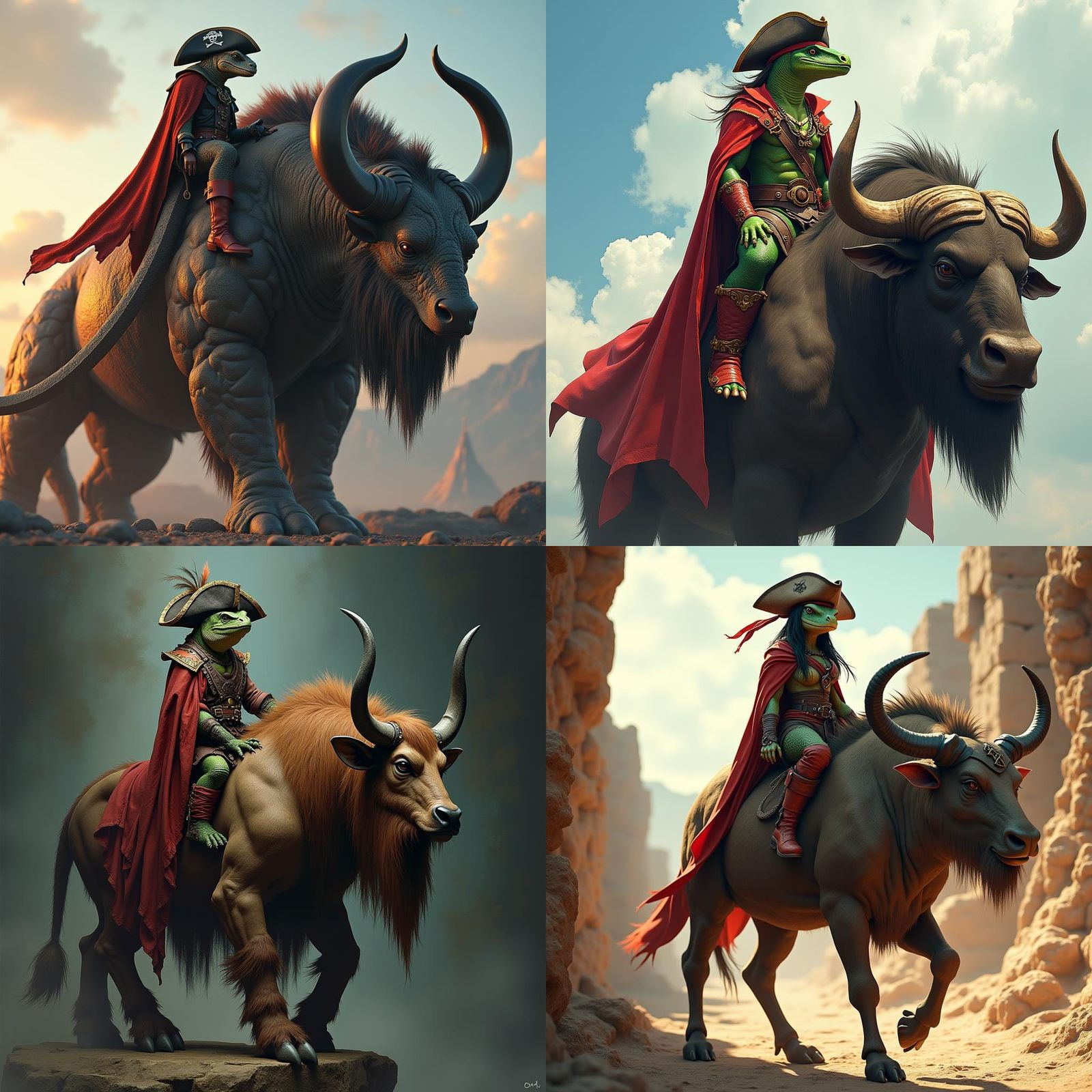 Lizardman Pirate on Minotaur Shoulder: Fantasy Art