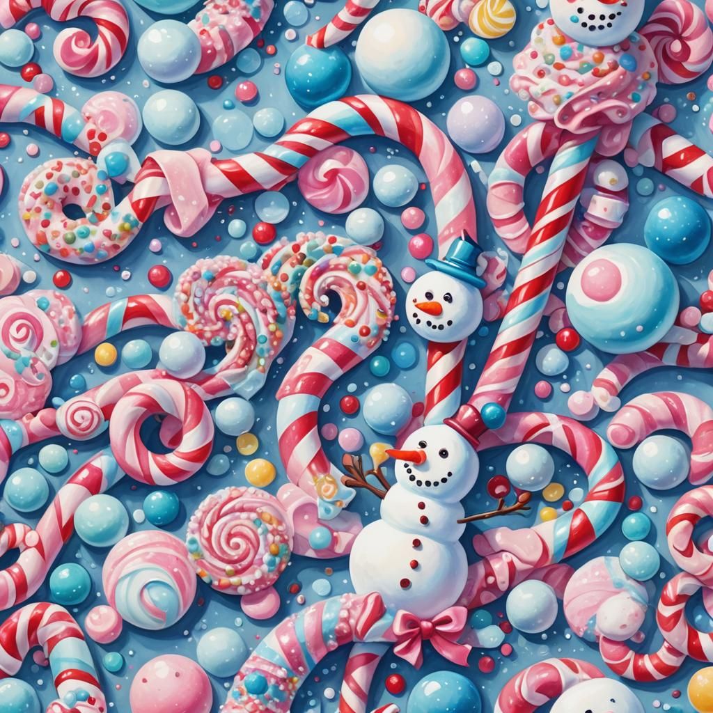 Whimsical Candyland Snowman in Gouache Painting