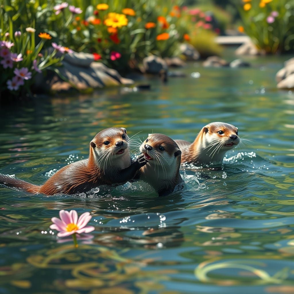Playful Otters in Crystal River: Matte Painting Style