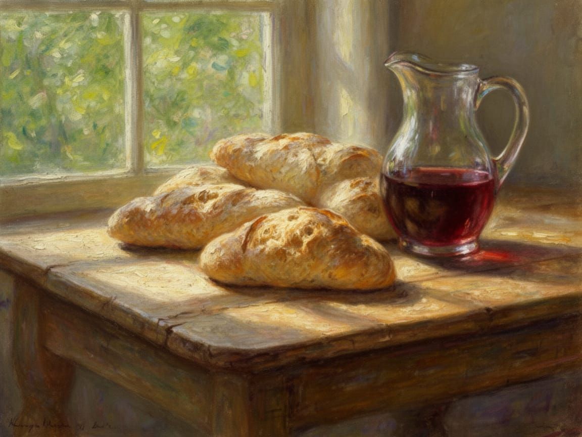 Rustic Bread and Wine Table in Impressionist Style