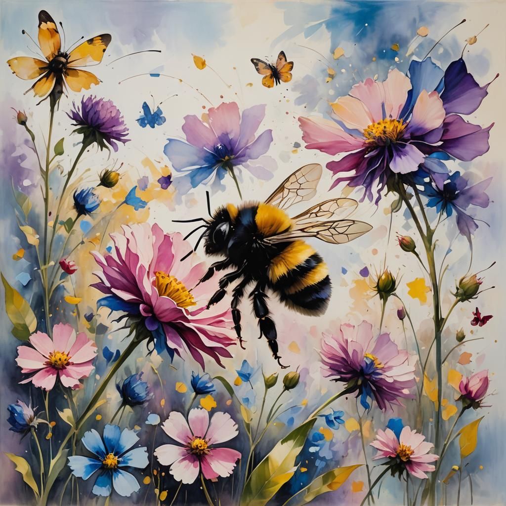 Bumblebee in Cubist Floral Landscape