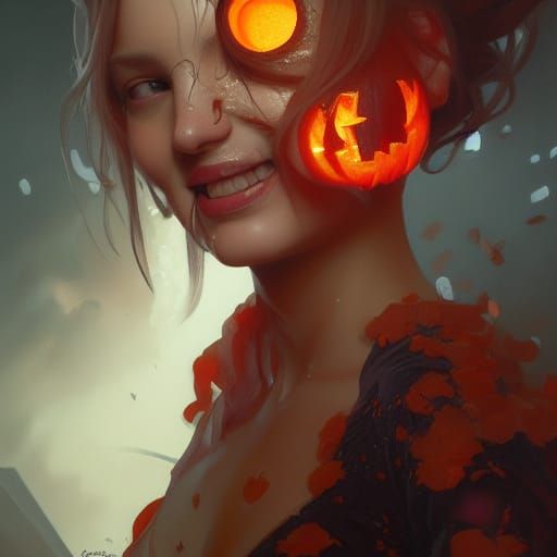 Halloween Pumpkin Girl Portrait in Art Nouveau Style