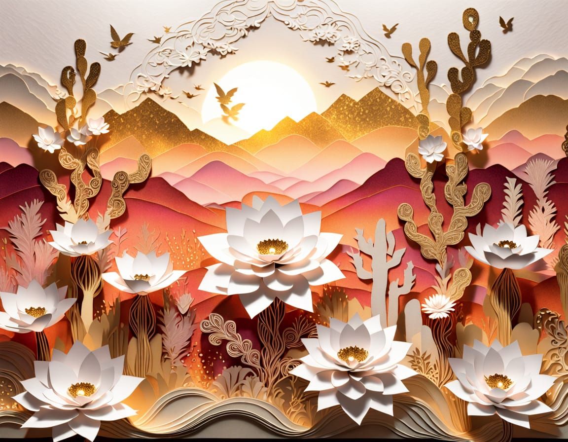 Intricate Paper Art Desert Sunset with Blooming Cactus