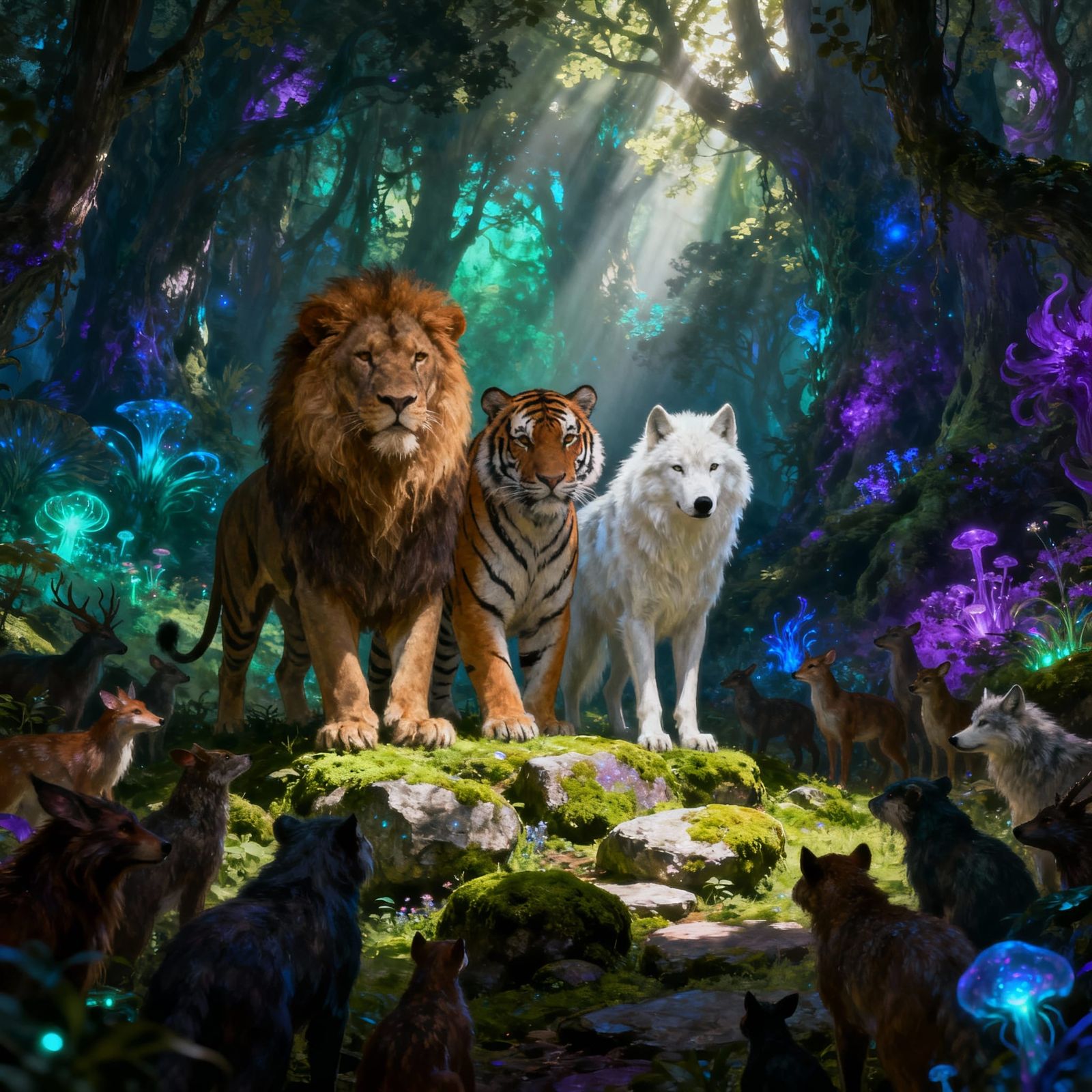 Majestic Animals United in Enchanted Forest Clearing