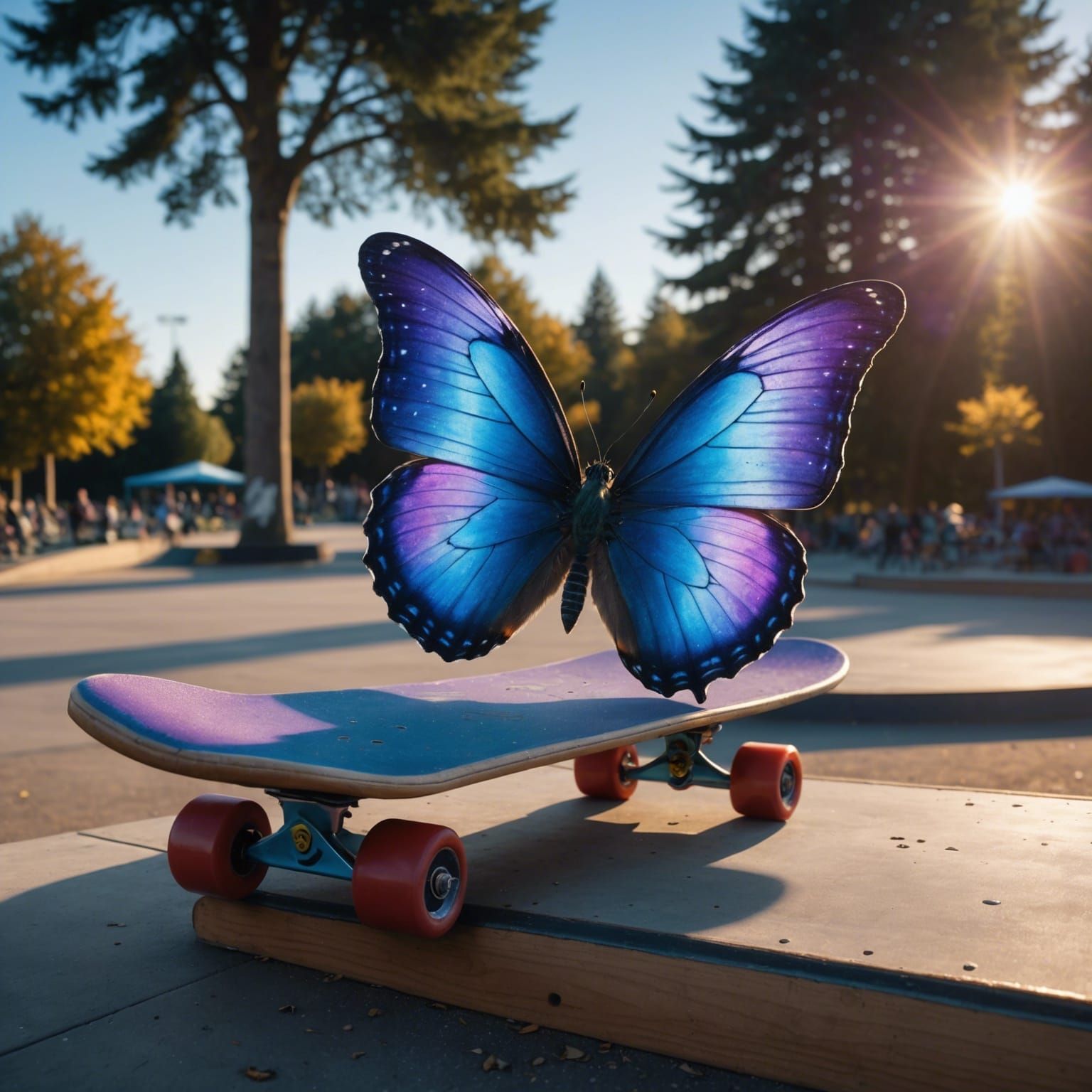 Butterfly Skateboarder at Dawn: A Realistic Photo