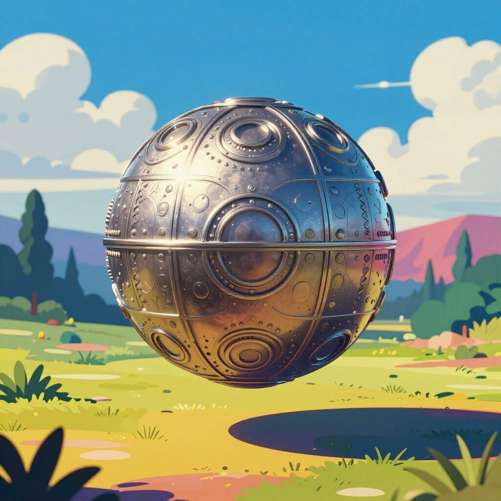 Surreal 3D Objects in Vibrant 2D Anime Landscape