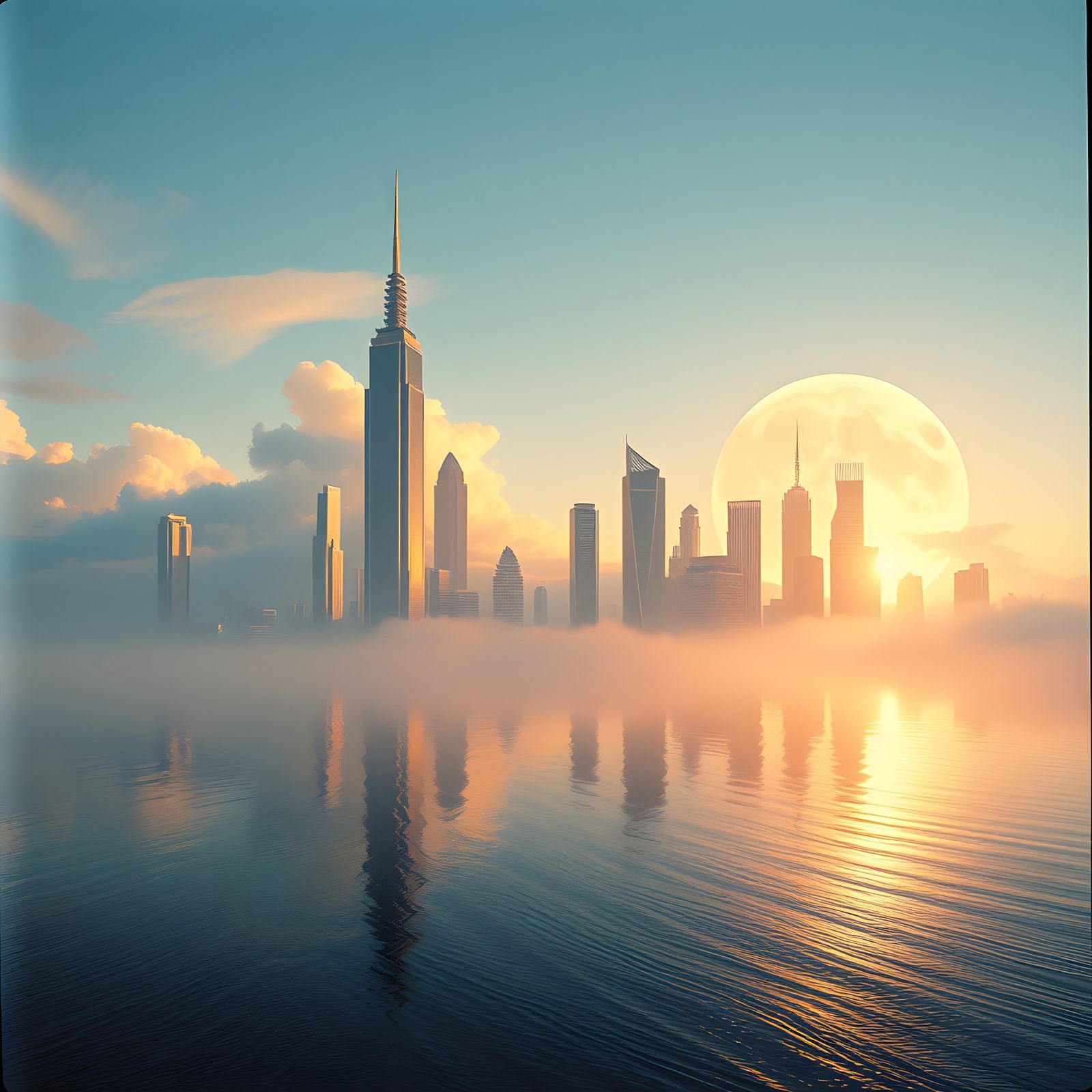 Surreal Floating Cityscape with Giant Moon