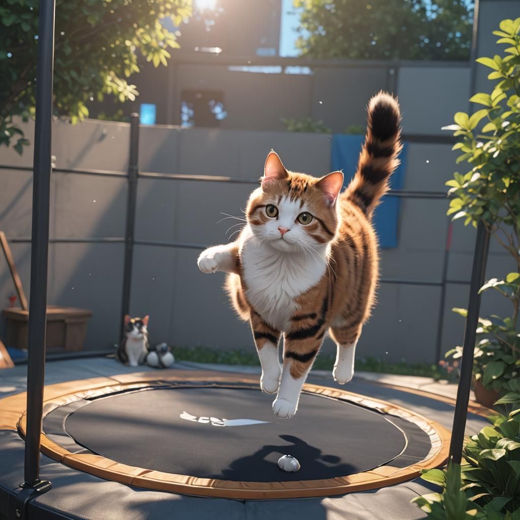 Cat on Trampoline in 3D Anime Art Style