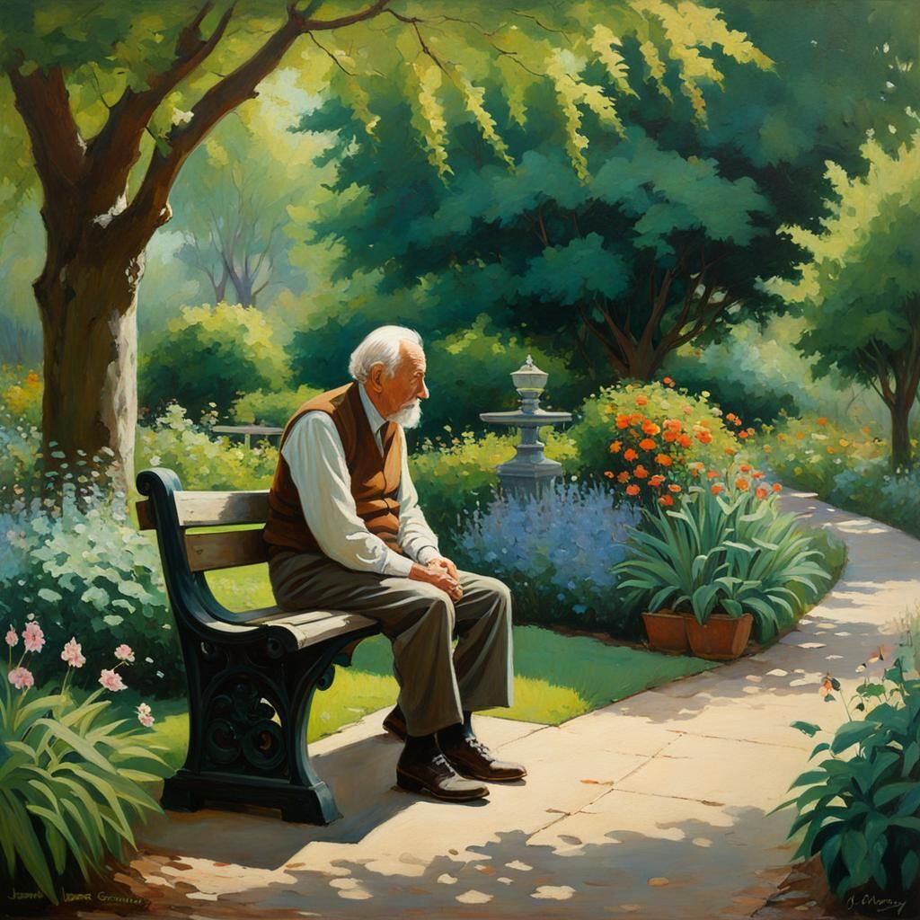 Peaceful Old Man in Garden, Oil Painting Style