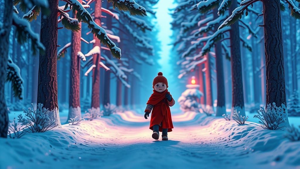 Monk Toddler's Serene Winter Walkway in 3D