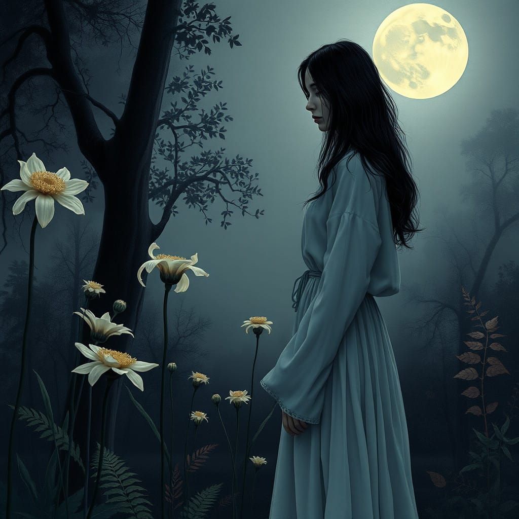 A Contemplative Woman in a Moonlit Garden of Fading Beauty
