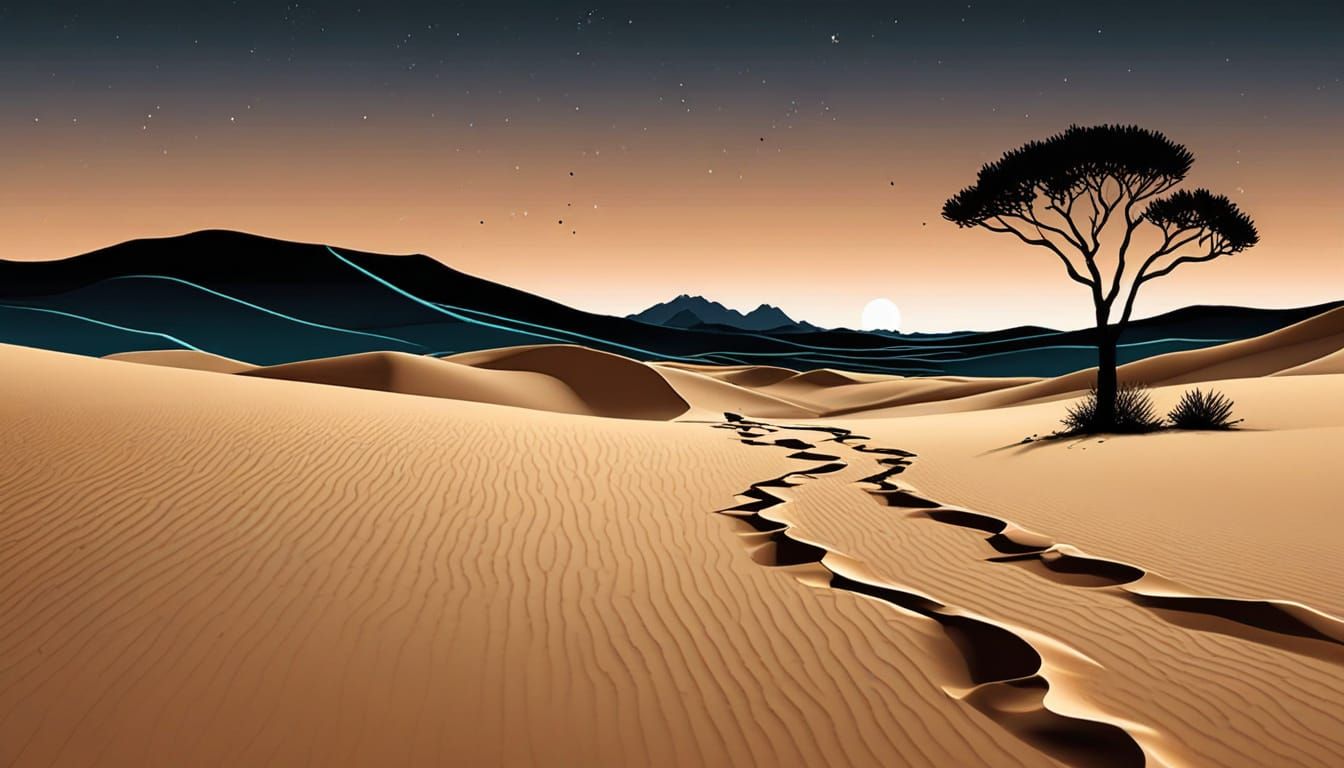 Midnight Sahara Oasis with Lone Desert Tree