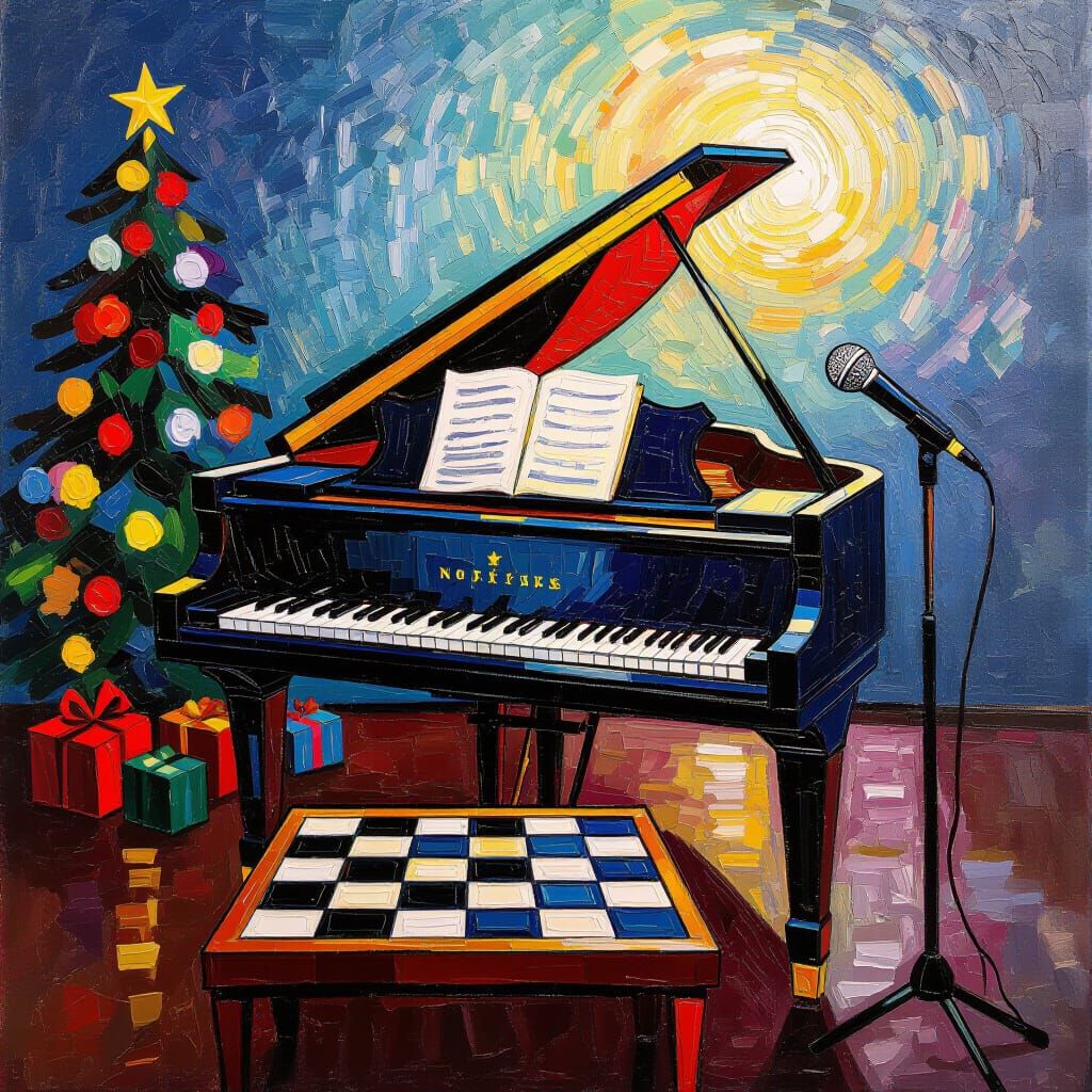 Christmas Piano Scene with Chess and Microphone