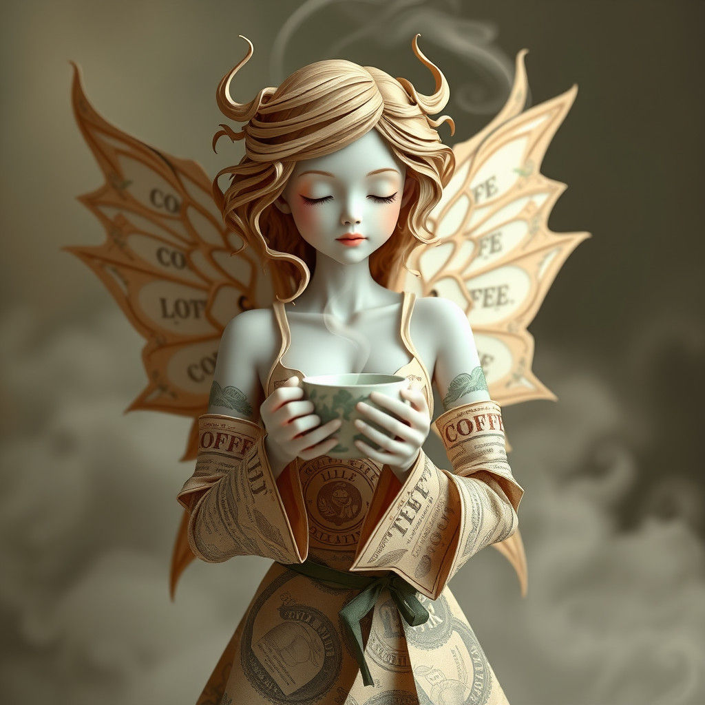 Coffee Fay with Origami Wings and Coffee Labels