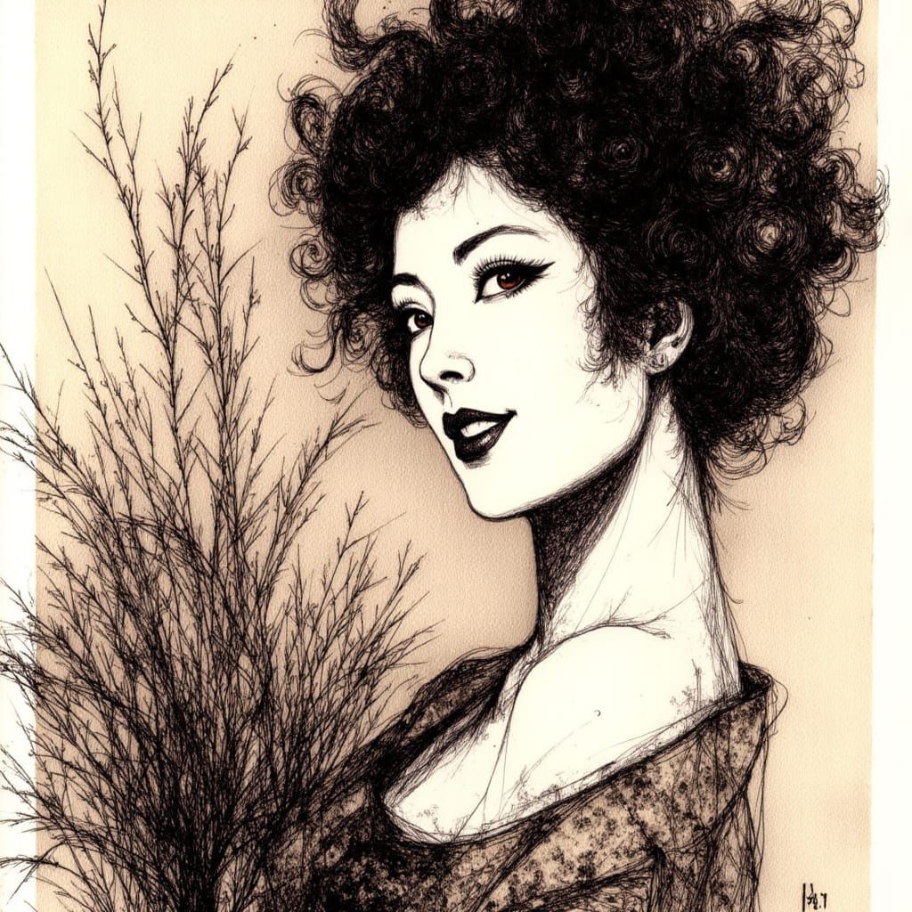 Geisha Linocut Sketch in Dark Fantasy Style