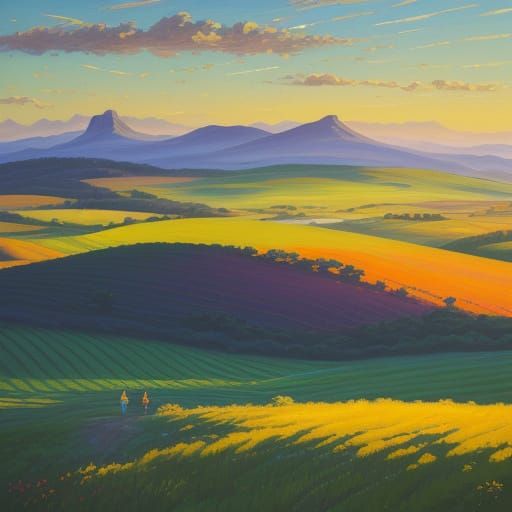 Impressionist Wanderer in Golden Hour Landscape