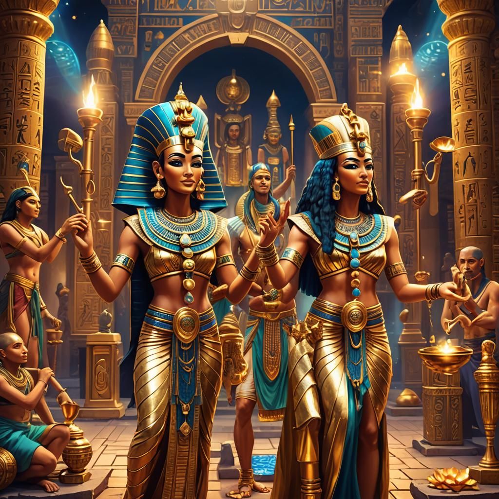 Egyptian Priests Offering Golden Statue