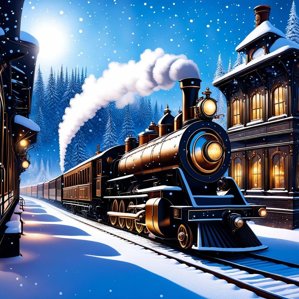 Steampunk Train Amidst Winter Snowflakes