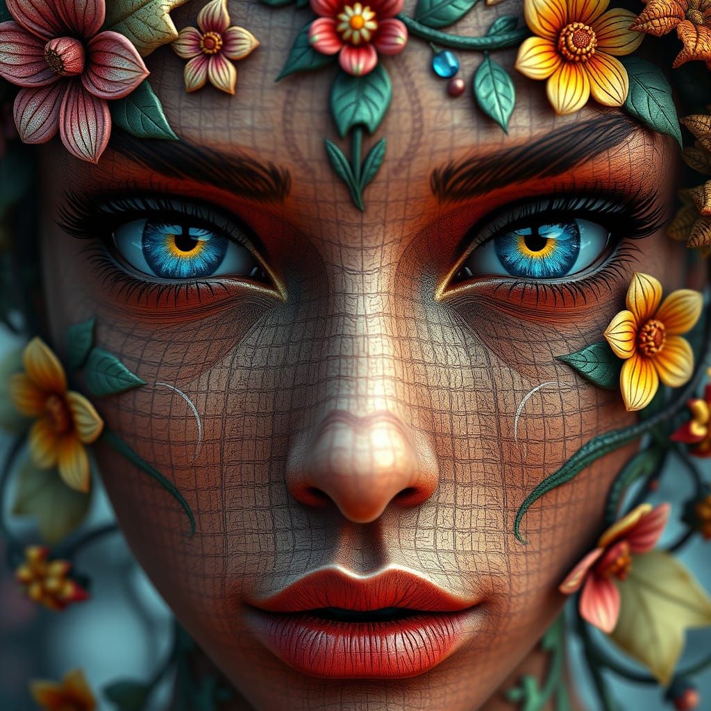 The image features a beautifully intricate face adorned with vibrant floral and vine motifs, blending human features wit...