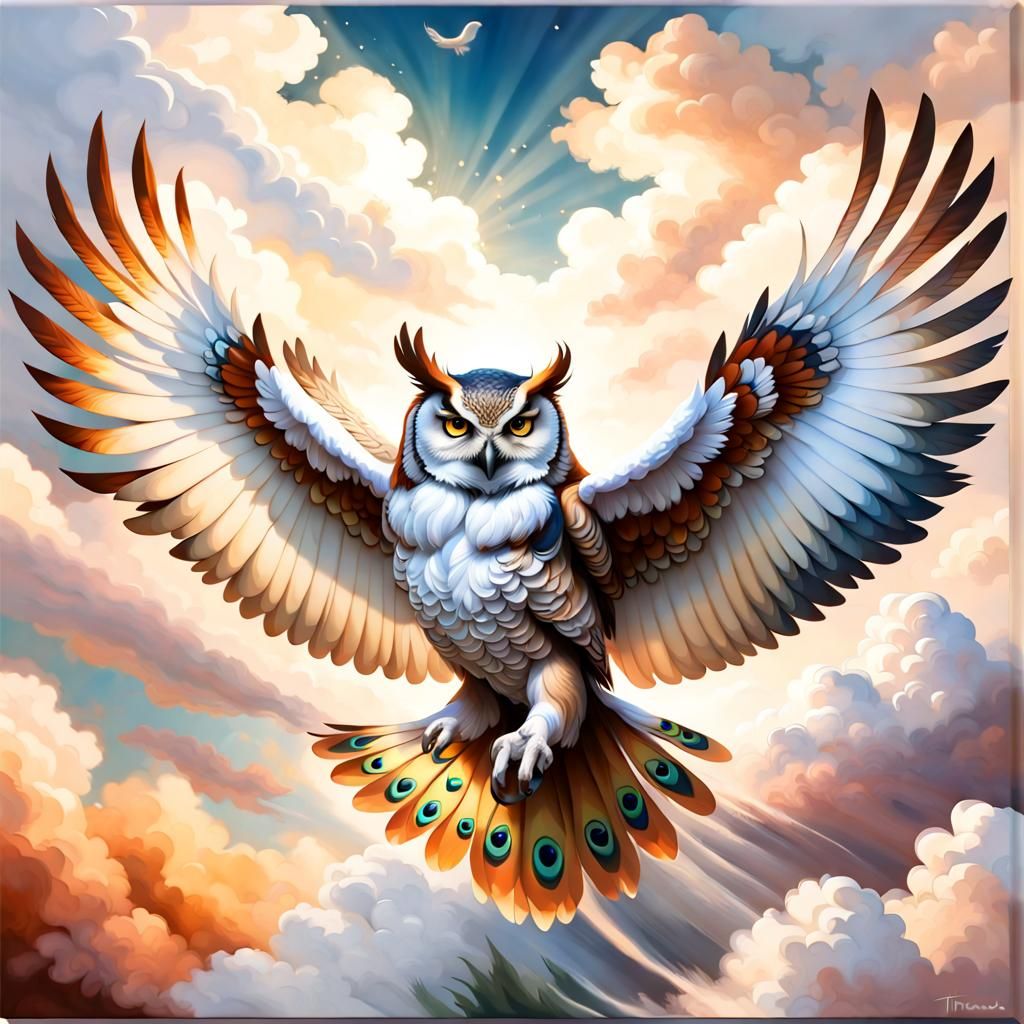 Owl with Peacock Feathers Gliding Through Clouds