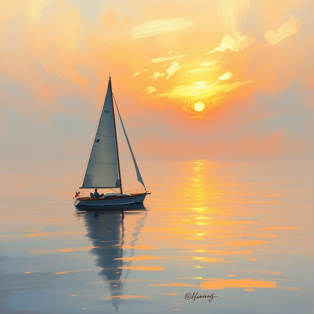 Sailboat on Lake at Sunset in Impressionist Style