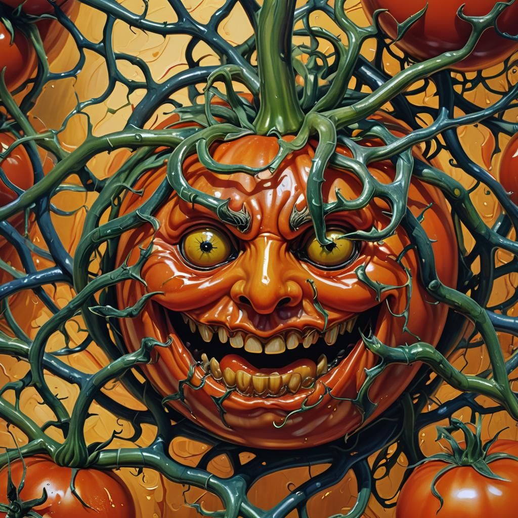 Surreal Tomato with Twisted Face in Oil Painting